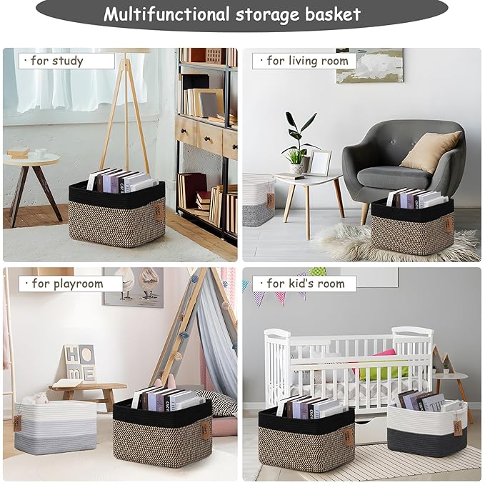COMFY-HOMI Cotton Rope Woven Basket with Handles for Shelves,Toys,Book, Cloth Storage Baskets Bin for Organizing-13.5"x11"x9.