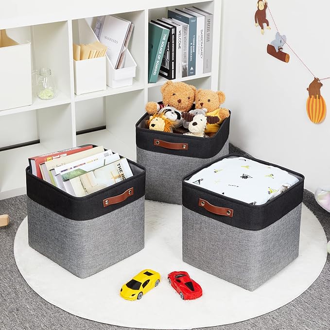 HNZIGE Storage Foldable Baskets Cubes Set(3 Pack) Fabric Bins for Shelves,13 Inch Storage Basket for Organizing with Leather 