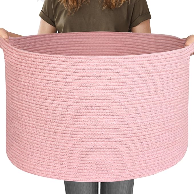MEGASKET 115L Oversized Pink Basket, 23.6"x15.7" Woven Cotton Rope Bin with Handles, XXXL Blanket Storage for Living Room, Ki