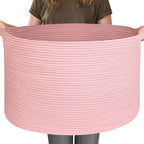 MEGASKET 115L Oversized Pink Basket, 23.6"x15.7" Woven Cotton Rope Bin with Handles, XXXL Blanket Storage for Living Room, Ki