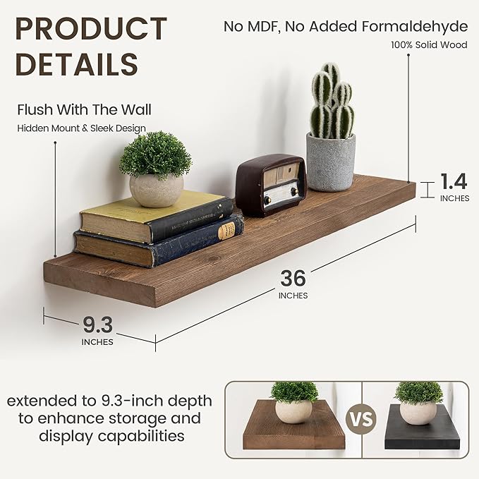 Marsmiles Floating Shelves | 36 Inch Dark Wood Wall Shelves Set of 2 | 9.3 Inch Deep Rustic Reclaimed Wood Shelves for Room W