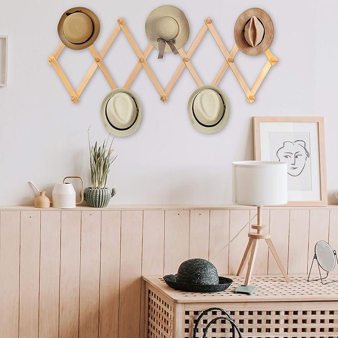 WEBI Accordion Wall Hanger,Expandable Wooden Coat Rack Wall Mounted,Accordion Hat Rack for Wall Rack for Hats,Caps,16 Peg Hoo