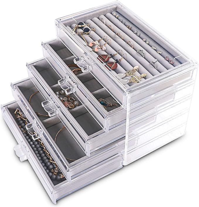 Frebeauty Extra Large Acrylic Jewelry Box for Women 5 Layers Clear Jewelry Organizer Velvet Earring Box with 5 Drawers Rings 