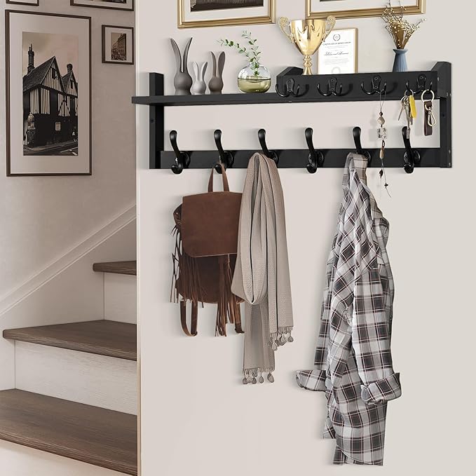 Coat Rack Wall Mount with Shelf, 27.5" Entryway Wall Hanging Shelf, Coat and Key Hanger with 10 Dual Hooks, Mail Organizer an
