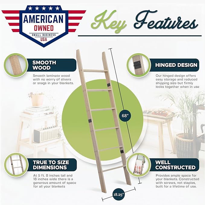 Blanket Ladder for Living Room and Bedroom, 5ft 8 inch, 6-Tier Wall Leaning Laminate No-Snag Construction (Smokey Oak) Rustic
