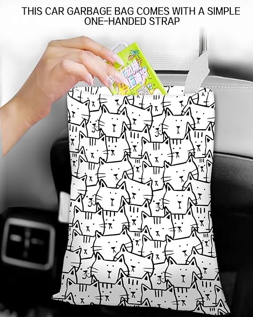Car Trash Can, Durable Hanging Car Trash Garbage Bag, Cute Automotive Garbage Cans Organizer, Black White Cartoon Cats