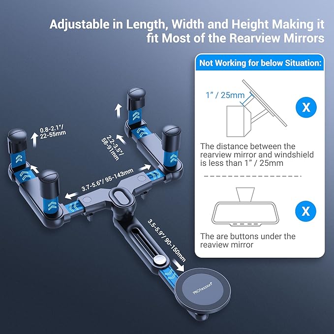 PROfezzion Rearview Mirror & Vent Clip Combo Magnetic Phone Holder Compatible with MagSafe on Car Rear View Mirror for iPhone 17 16 15 14 13 12 Pro Max Plus, MagSafe Case & All Phones [No Vibrating]