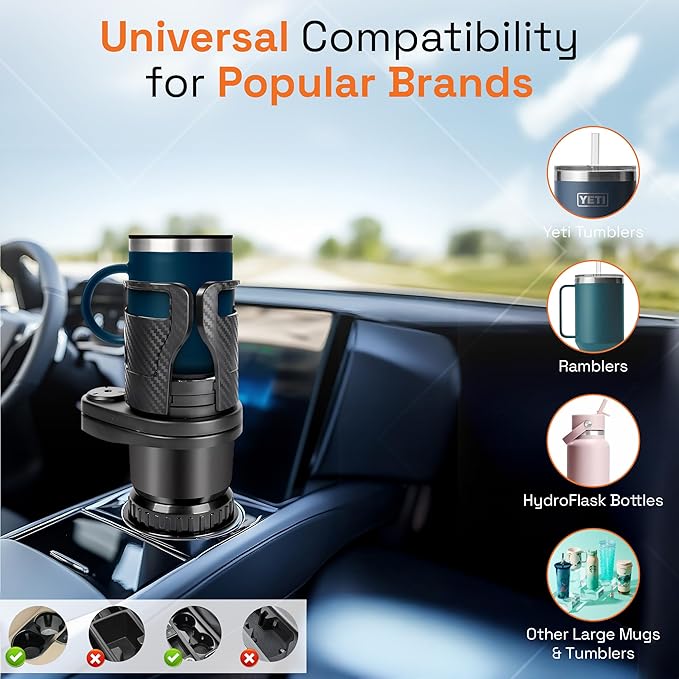 Car Cup Holder Expander 2 in 1, Expandable Cup Holder with Adjustable Base, The Upper Part Fits Yeti, Ramblers, Hydroflask, Other Large Bottles/Mugs, expandable to 3"-6.5"