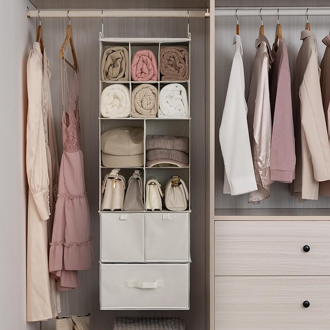 GRANNY SAYS Hanging Closet Organizer with Drawers, 6 Shelf Dividers Closet Hanging Organizer, Portable Foldable Hanging Shelv