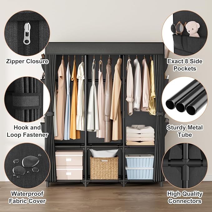 Wardrobe Closet, Portable Closets for Hanging Clothes 19mm Steel Tube Portable Wardrobe Closet for Bedroom, Clothes Rack with