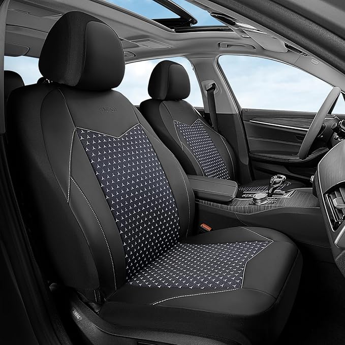 Coverado Front Seat Covers, Breathable Mesh & Leather Car Seat Protectors, Black Driver Seat Cover, Car Seat Cushions, Univer