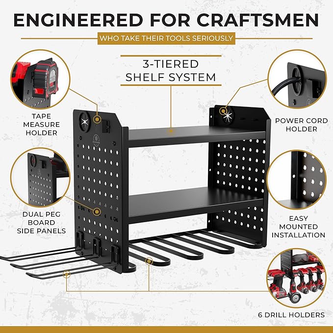 BUILTSTRONG Power Tool Organizer-6 Drill Holder Wall Mount, 3 Tier Heavy-Duty Hand Tool Storage Rack, Utility Racks, Drill Ho