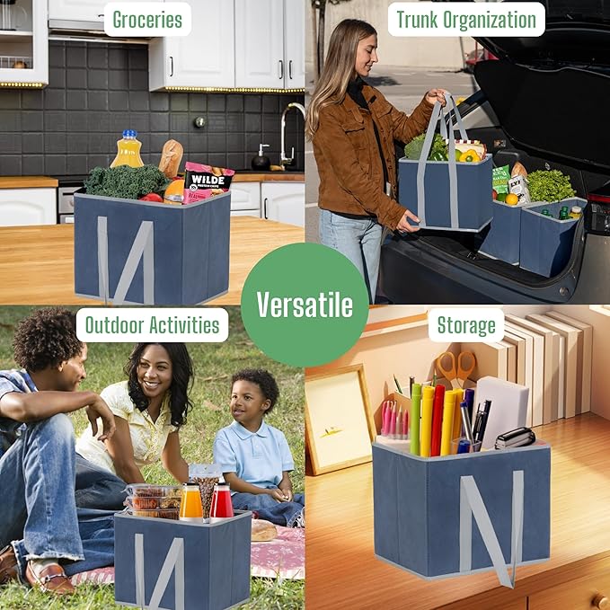 VENO 3 Pack Reusable Grocery Bags, Shopping Bags for groceries, Utility Tote with Handles and Hard Bottom, Foldable Shopping Cart Organizer, Heavy-Duty (Dark Blue, 6 Gallon-3 Pack)