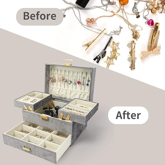 Dajasan Jewelry Organizer Box, Large Velvet Jewelry Boxes for Women Girls, Space-Saving 3 Layers Jewelry Storage Case with Dr