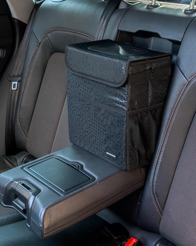 Sturdy 3 Gallon Car Trash Can - Ultra Large Capacity, Leak Proof, Waterproof Car Organizer and Storage with Pockets and Adjustable Straps, Collapsible Interior Car Accessory (Black Leopard)