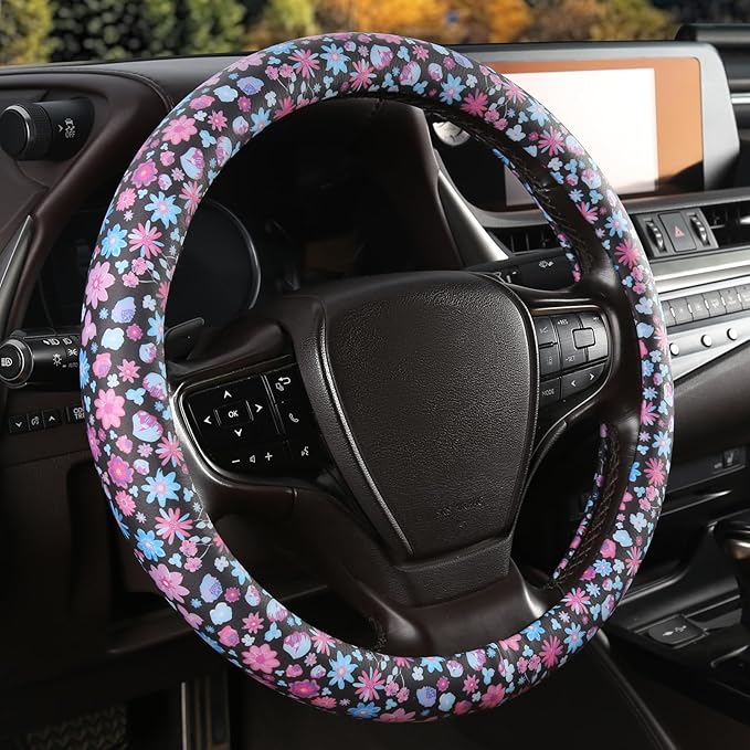 Floral Print Steering Wheel Cover with Silicone Inner Ring, Non-Toxic, Odorless Silicone Leather with Non-Fading Pattern for 