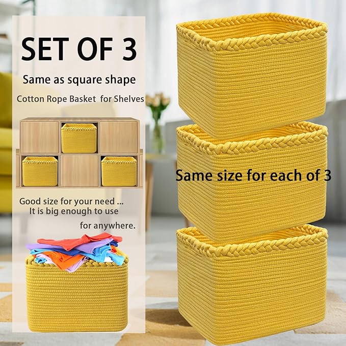 COMFY-HOMI 3Pack Small Woven Cotton Rope Basket for Organizing, Gift Baskets for Handles, Empty Gift Baskets, Medium Rope Bas