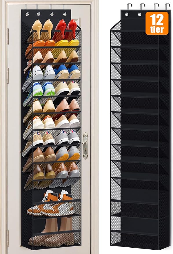 MISSLO 12 Tier Over the Door Shoe Organizer Hanging Shoe Rack for Closet Storage Sneaker Holder for Door Fit 24 Pairs Sandals