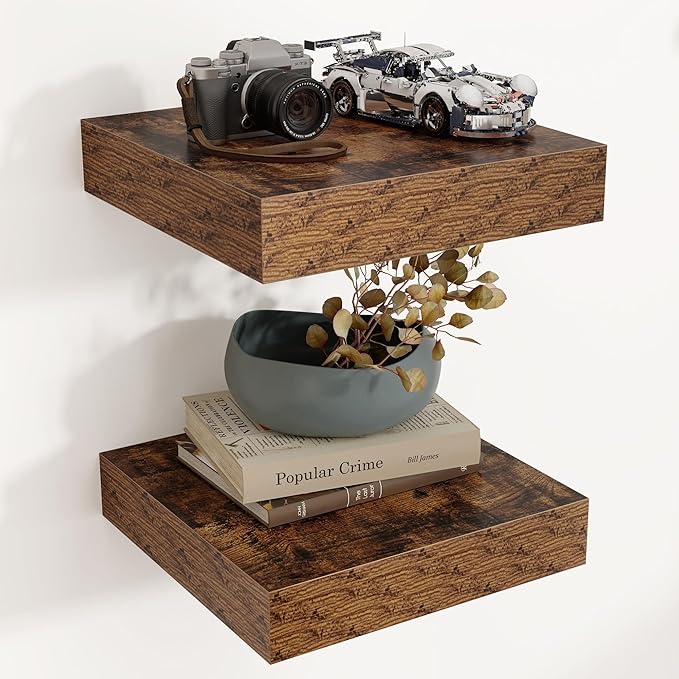 Square Floating Shelves for Wall, 12" W x 12" D x 2" H, 2 Pack of Small Wall Mounted Engineered Wood Shelves with Invisible B