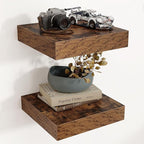 Square Floating Shelves for Wall, 12" W x 12" D x 2" H, 2 Pack of Small Wall Mounted Engineered Wood Shelves with Invisible B