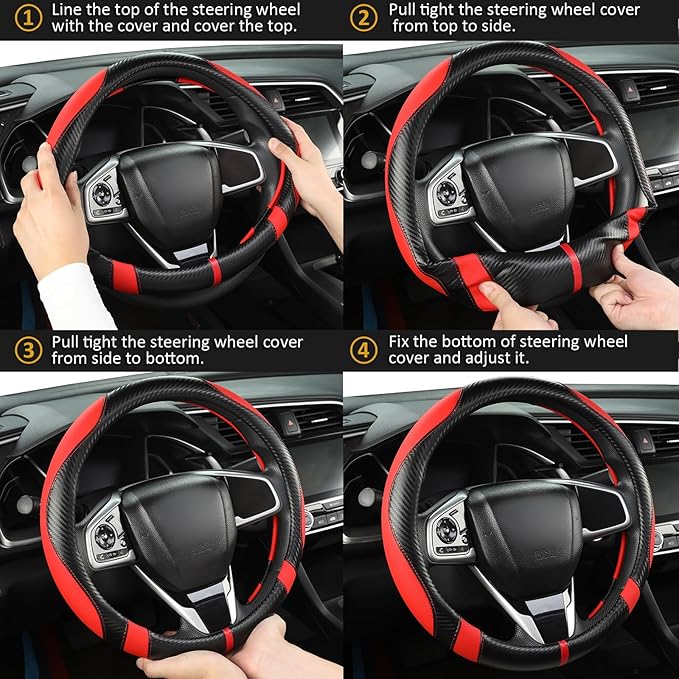 West Llama Carbon Fiber Car Steering Wheel Cover for Honda,Anti-Slip, Full Surround Breathable Leather Auto Protector(Black+R