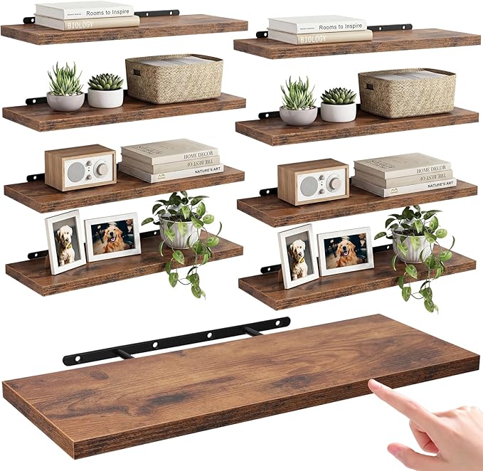 Sliner 8 Pcs 16'' Floating Shelves for Wall with Invisible Brackets, Rustic Wood Deep Wall Mounted Shelves for Home Decor, St