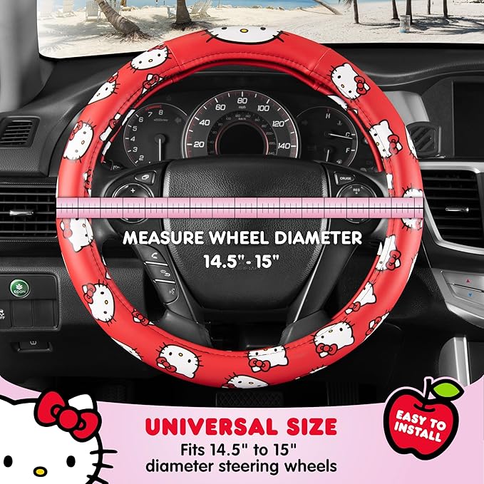 Hello Kitty Steering Wheel Cover by Sanrio, Universal Fit 14.5-15 Inch, Cute Red Car Accessories for Women, Soft Anti-Slip Grip Auto Protector
