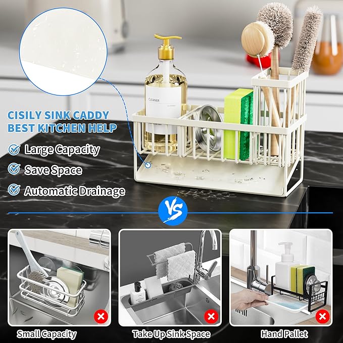 Cisily Off White Sponge Holder for Kitchen Sink, Sink Caddy Organizer with High Brush Holder, Kitchen Countertop Rustproof 30