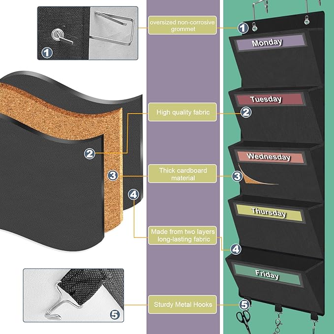 Weekly Over the Door File Organizer, Hanging File Folders Wall Organizer with 5 Large Pockets for Papers, Charts, Mails, Maga