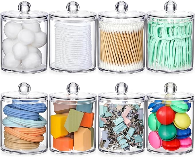 AOZITA 8 Pack Acrylic Qtip Holder Dispenser with Lids & Labels, Cotton Swab, Ball, Round Pads, Floss Picks Storage Canister -