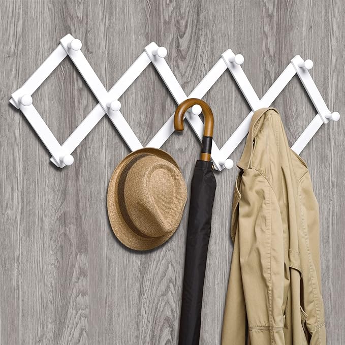 Amber Home Wood Accordion Wall Rack 13 Hooks (Pegs), Expandable Wall Mounted Hanger for Coat, Hat, Scarf, Coffee Mugs, X Shap