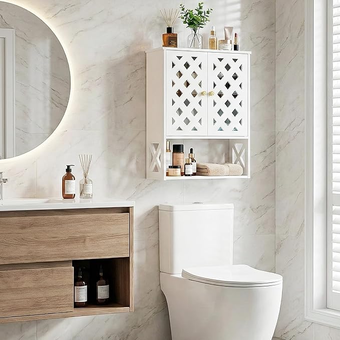 Wall Bathroom Cabinet Over The Toilet, 2-Door White Medicine Cabinet with Shelves, Space-Saving Storage Organizer for Bathroo