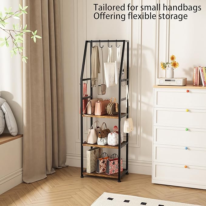 3-Tier Purse Stand Handbag Organizer, Hall Tree for Entryway Steel Frame, with 8 Removable Hooks，Clothes Rack Stand Organizer
