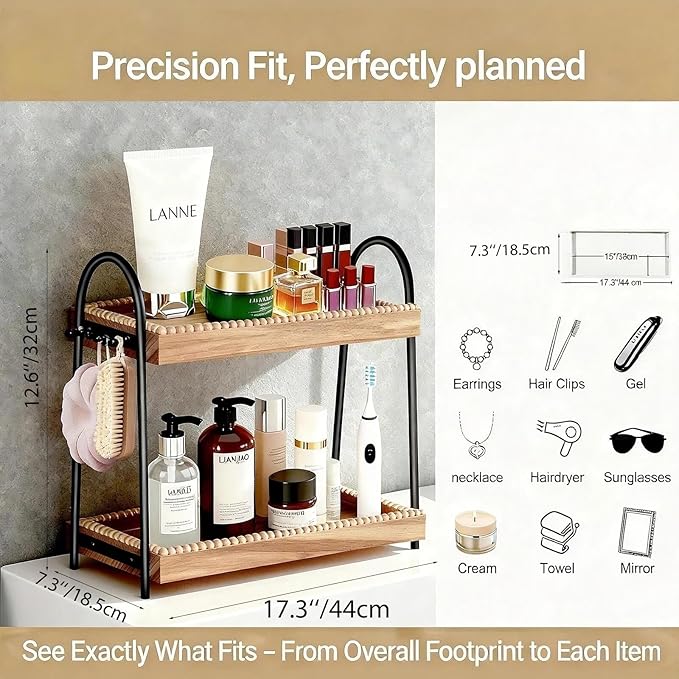 2-Tier Perfume & Makeup Organizer with 8 Jewelry Hooks, Eco-Coated Paulownia Wood Vanity Tray for Bathroom, Coffee Bar & Dres