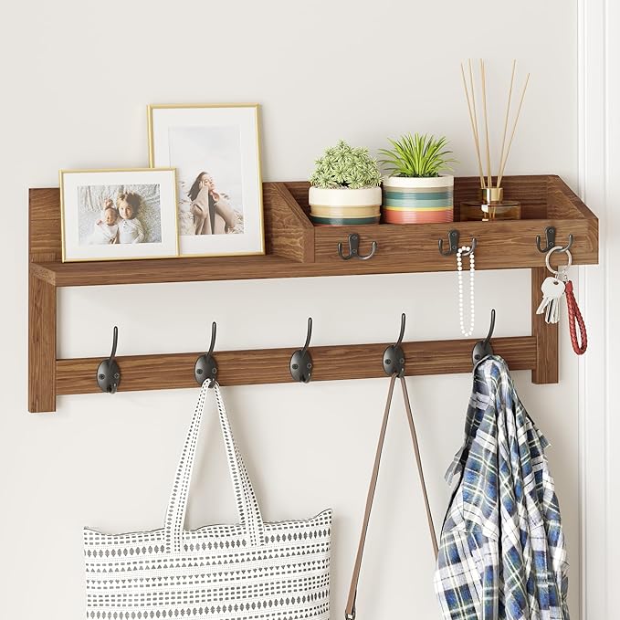 AMBIRD Wall Hooks with Shelf, 26.57 Inch Entryway Wood Coat Hooks for Wall with Shelf, Coat Rack Wall Mount with 5 Dual Hooks