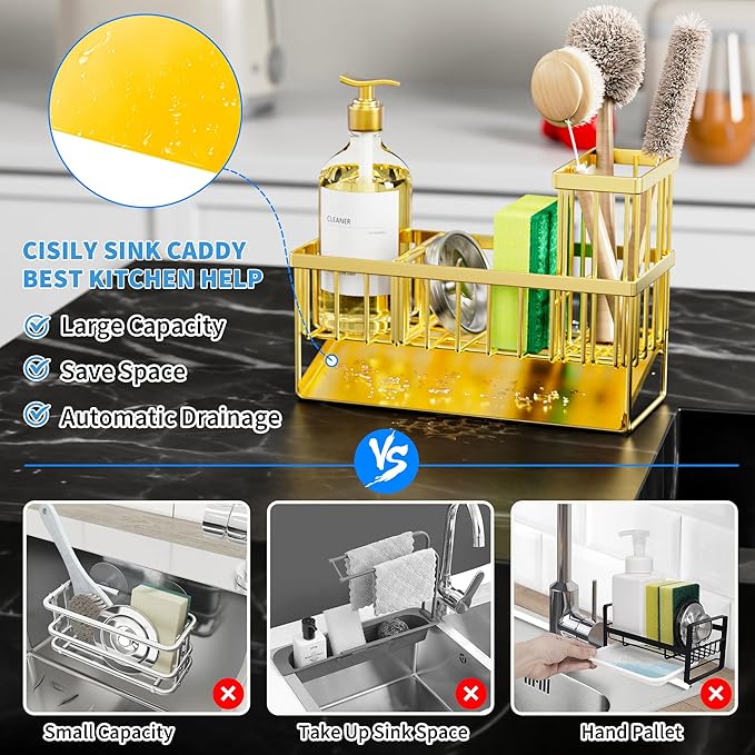 Cisily Gold Kitchen Sink Caddy Organzier with High Brush Holder, Sponge Holder for Sink, 304 Rustproof Stainless, Kitchen Cou