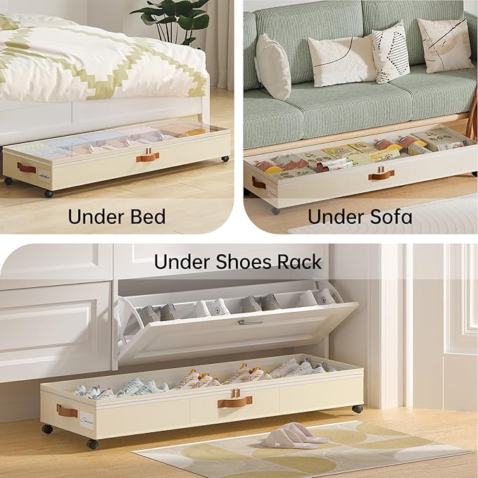 Yecaye Under Bed Storage with Wheels, 2 Pack Under Bed Storage Containers with Adjustable Dividers & Clear Window, 85L Rollin