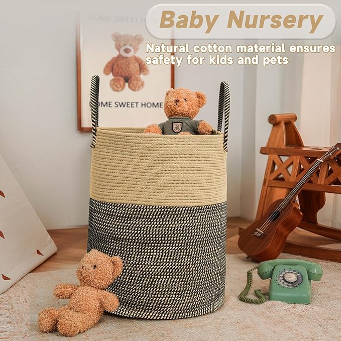 JMvicyroam Large Woven Laundry Basket Hamper,100L Cotton Rope Storage Bin for Blankets,Toys and Clothes,Decorative Tall Nurse