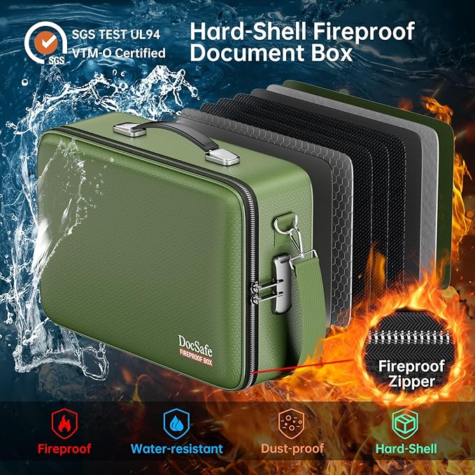 DocSafe Fireproof Document Box with Lock＆Shoulder Strap,Hard Case File Organizer with Accordion File Folder,Multi-Layer Porta