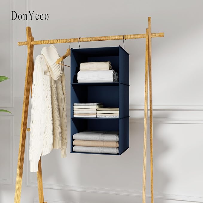 Hanging Closet Organizer - 3-Shelf, Easy Mount Foldable Wardrobe Storage Shelves for Clothes, Handbags, Shoes & Accessories -