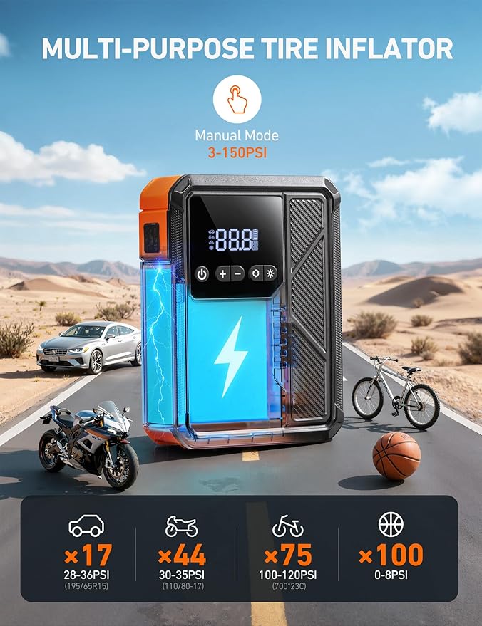 AstroAI Beta822 3000A Jump Starter with Air Compressor, 150PSI Portable Tire Inflator with Auto-Shutoff, 12V Car Battery