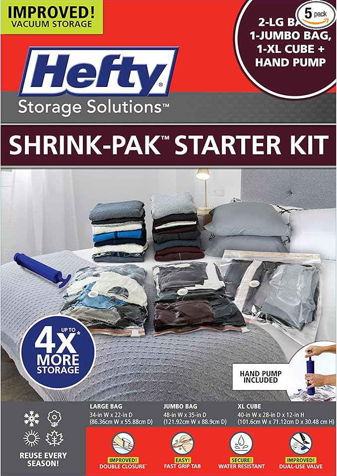 Hefty Shrink-Pak Starter Kit - 2 Large, 1 XL Cube, 1 Jumbo Vacuum Seal Storage Bag and Hand Pump – Space Saver Bags for Cloth
