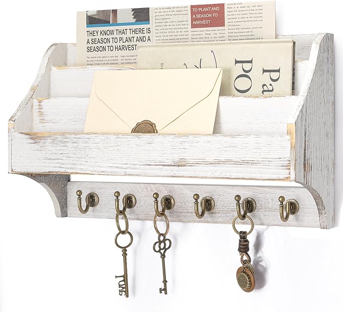 Rebee Vision Pine Wood Key Holder Wall Mount - Farmhouse 3-Tire Mail Holder for Wall with 6 Key Hooks for Home Decor- Multifu