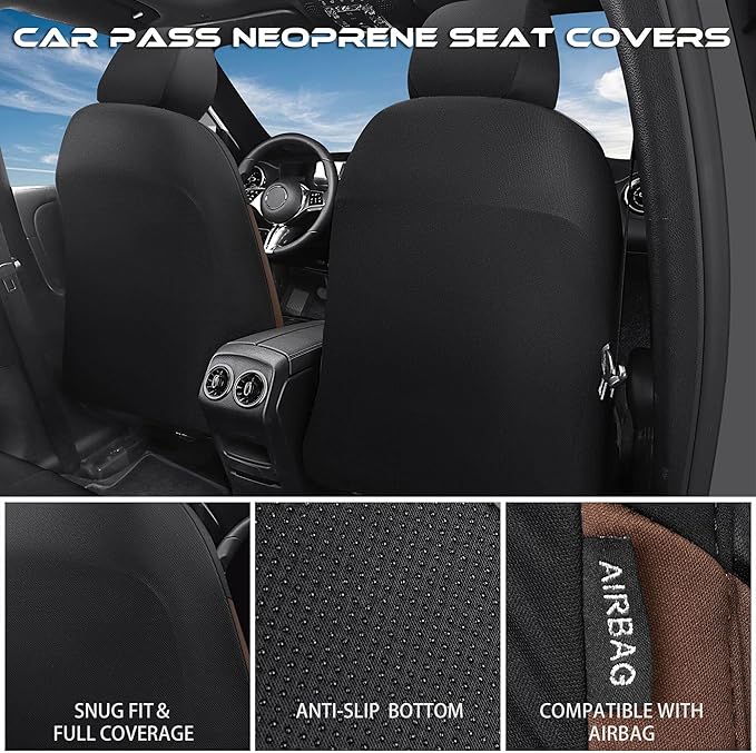 CAR PASS Waterproof Black Brown Car Seat Covers Front Seat Covers Neoprene Wetsuit,All-Weather Non-Slip Durable,Universal Fit