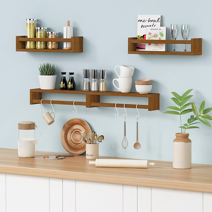 Forbena Walnut Brown Nursery Bookshelf Wall Mounted, Wooden Floating Book Shelves for Wall, Nursery Hanging Bookshelves for B
