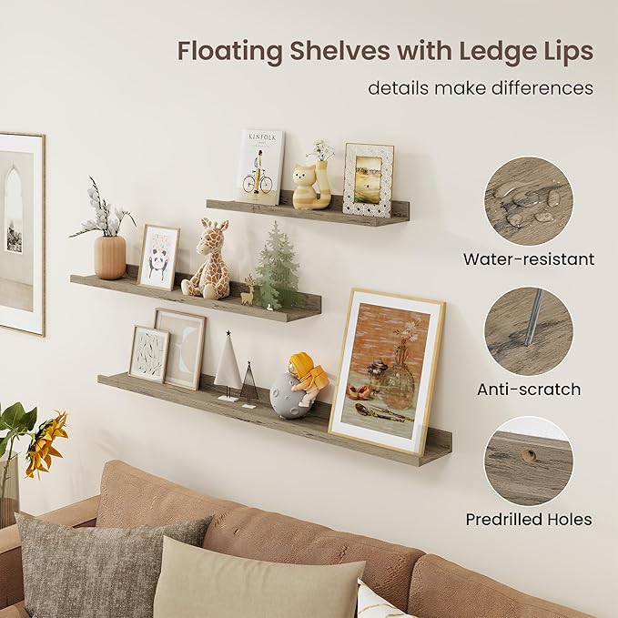Axeman 40 Inch Floating Shelves | Grey Picture Ledge Shelf Set of 3 | Rustic Grey Wood Wall Shelves with Lip | 40" Picture Sh