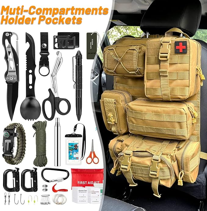 Universal Tactical Vehicle Back Seat Organizer with 5 Molle Pouch Molle Pouches Truck Seat Organizer Tactical Gear for Car Truck Ford Jeep Vehicle
