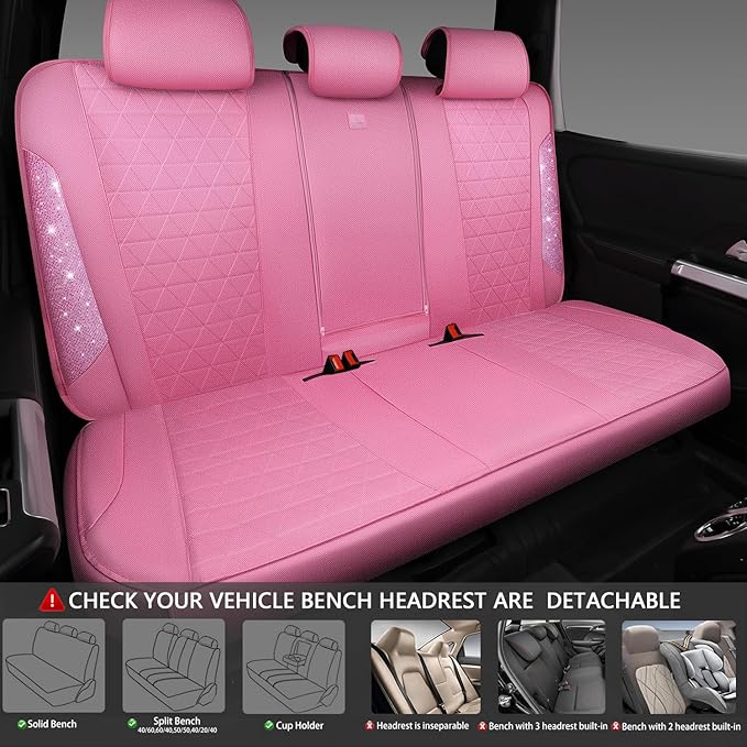 CAR PASS Pink Oxford Bling Diamond Car Seat Covers Full Set Interior Sets, Waterproof Shining Glitter Sparkly Crystal Univers
