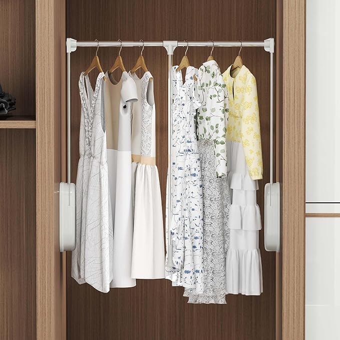 Pull Down Closet Rod White, Adjustable 33-45 inches Side Mounted Closet Rod, Two-way Buffering 60 lbs Heavy Duty Wardrobe Lif