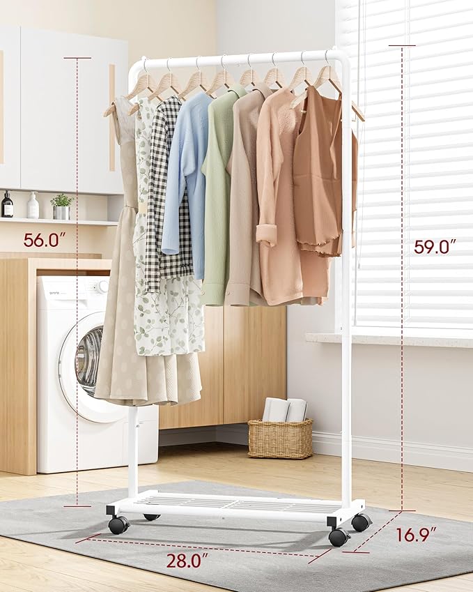 Sakugi Clothes Rack - Clothing Rack with Storage Mesh Shelf & Casters, Heavy-Duty Metal Clothing Rack for Hanging Clothes, Dr